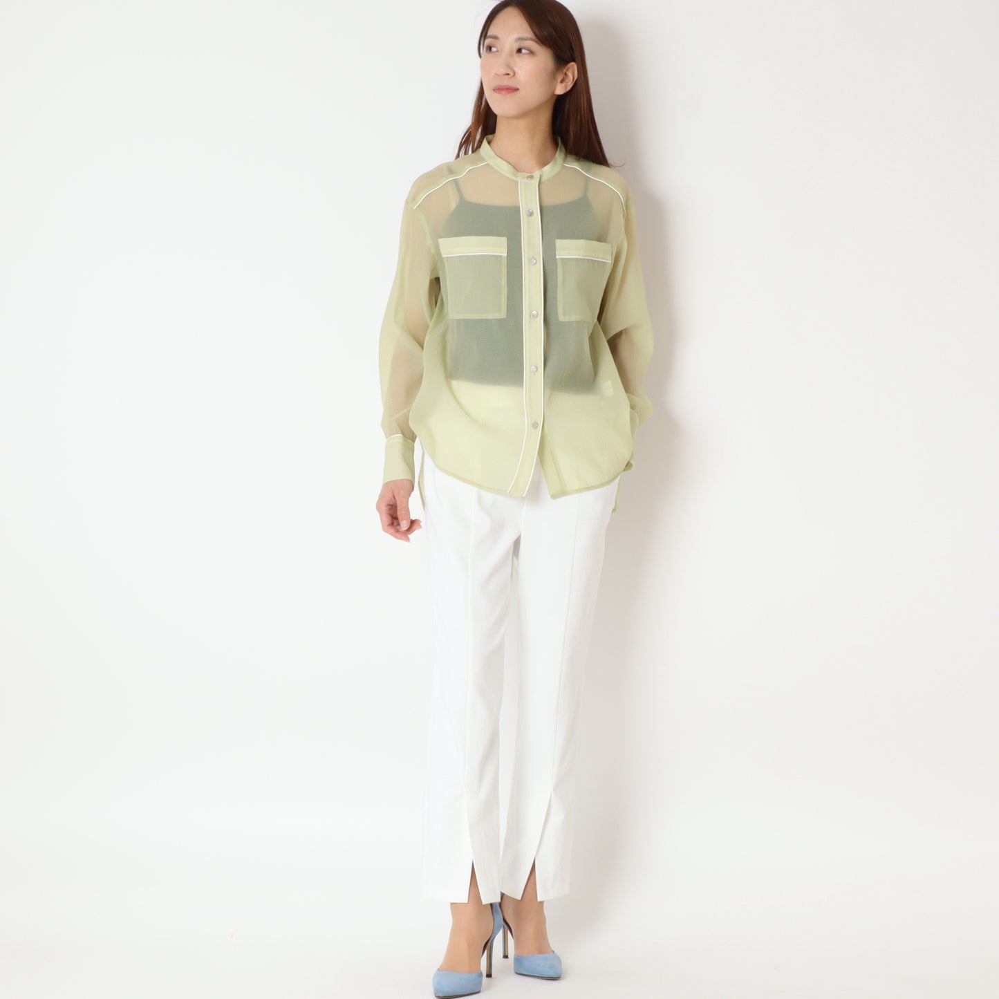 バンドカラーパイピングシアーブラウス H424107