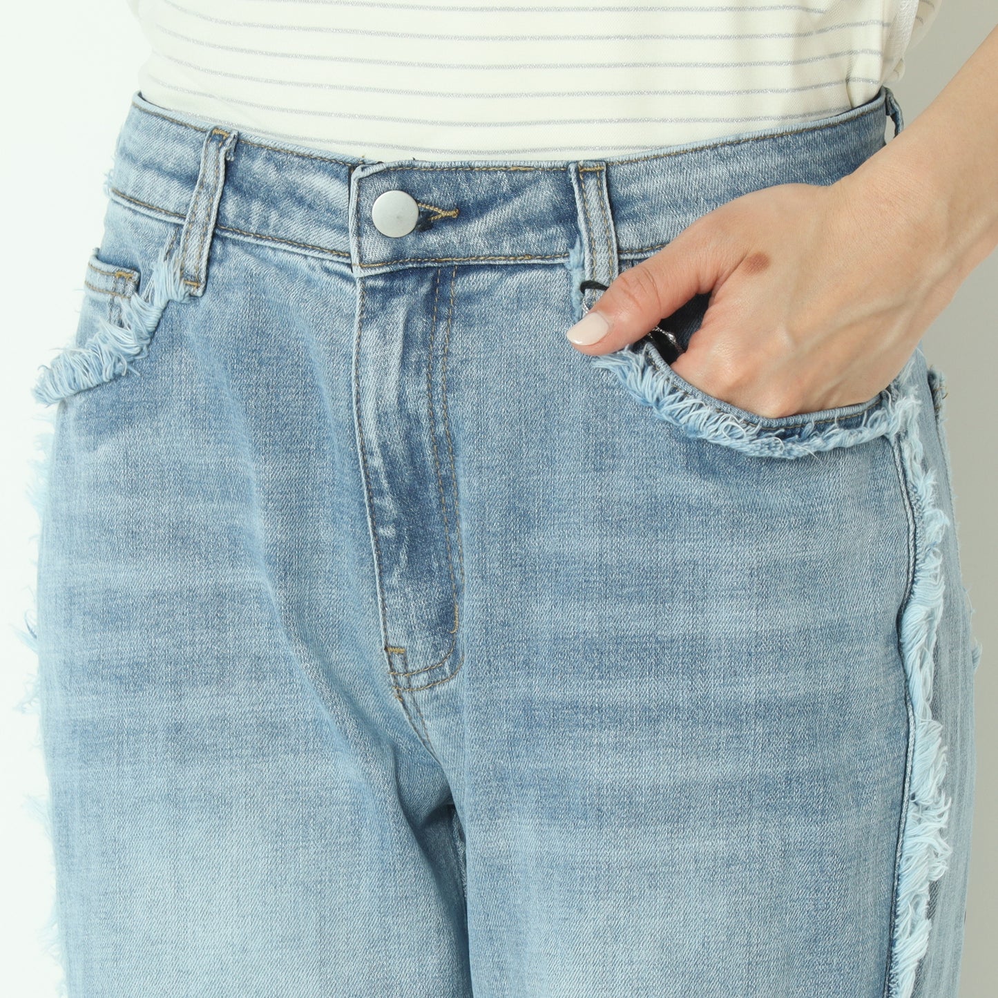 サイドフリンジストレートデニム ライトブルー  WJ172