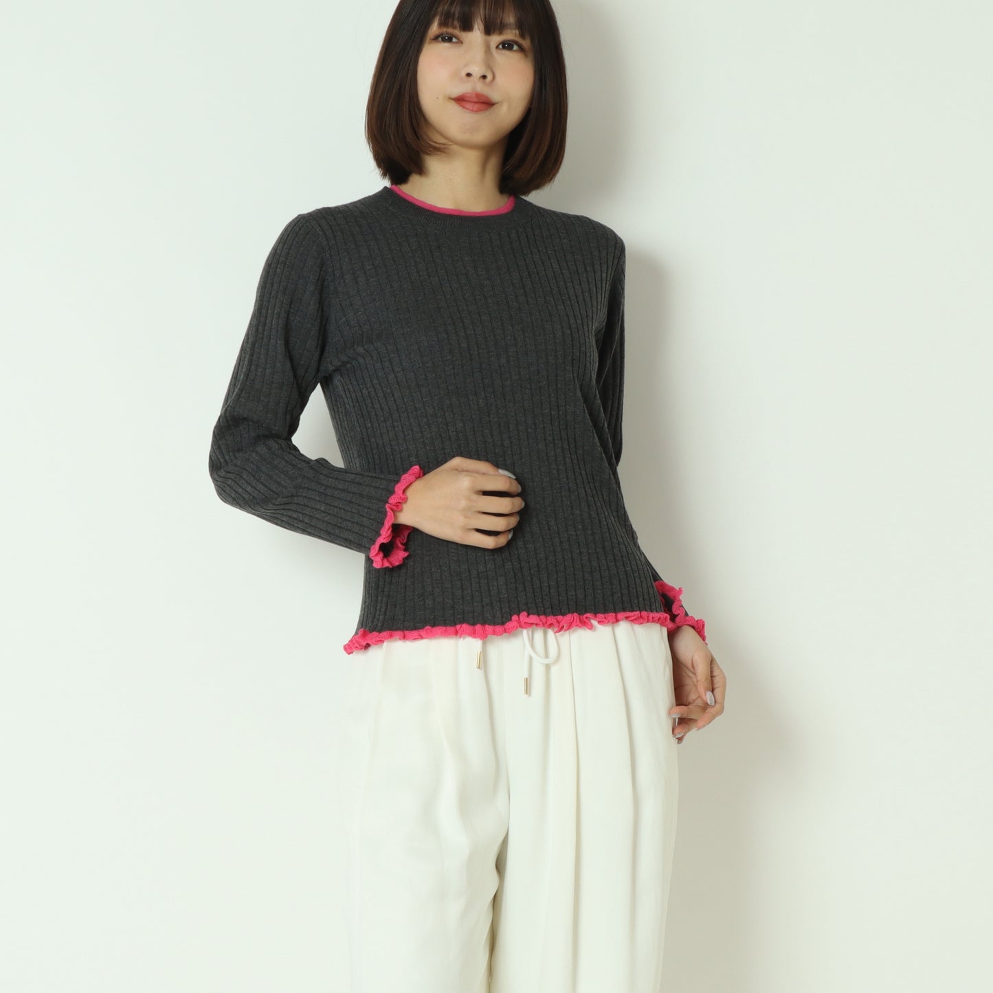 フリルクルーネックリブニット 80256532