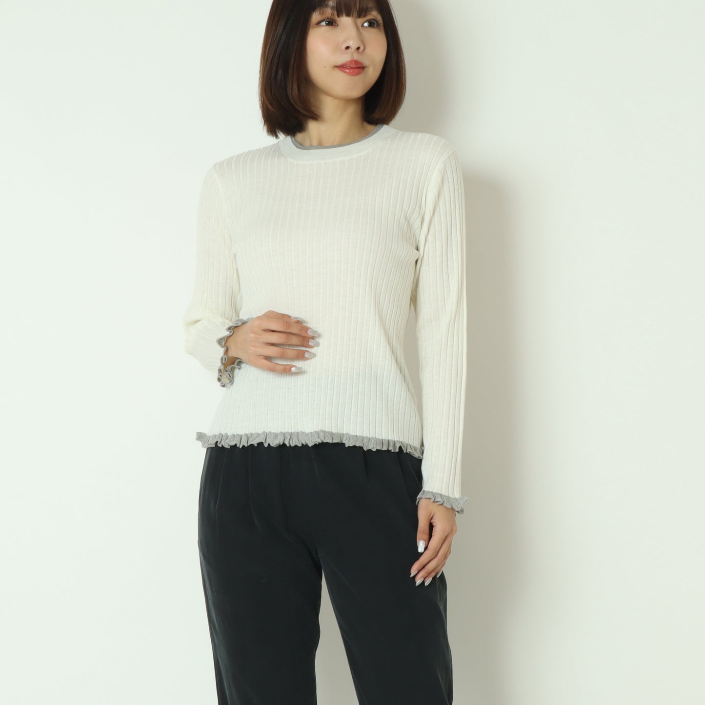 フリルクルーネックリブニット 80256532