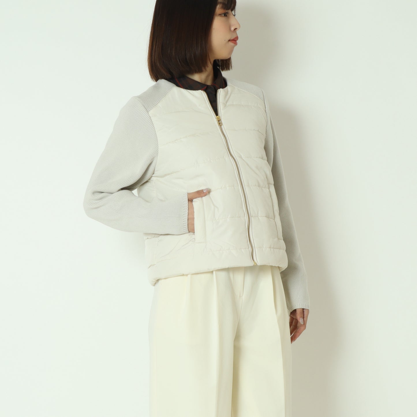 中綿×ニット切替ノーカラージャケット  DR252-012