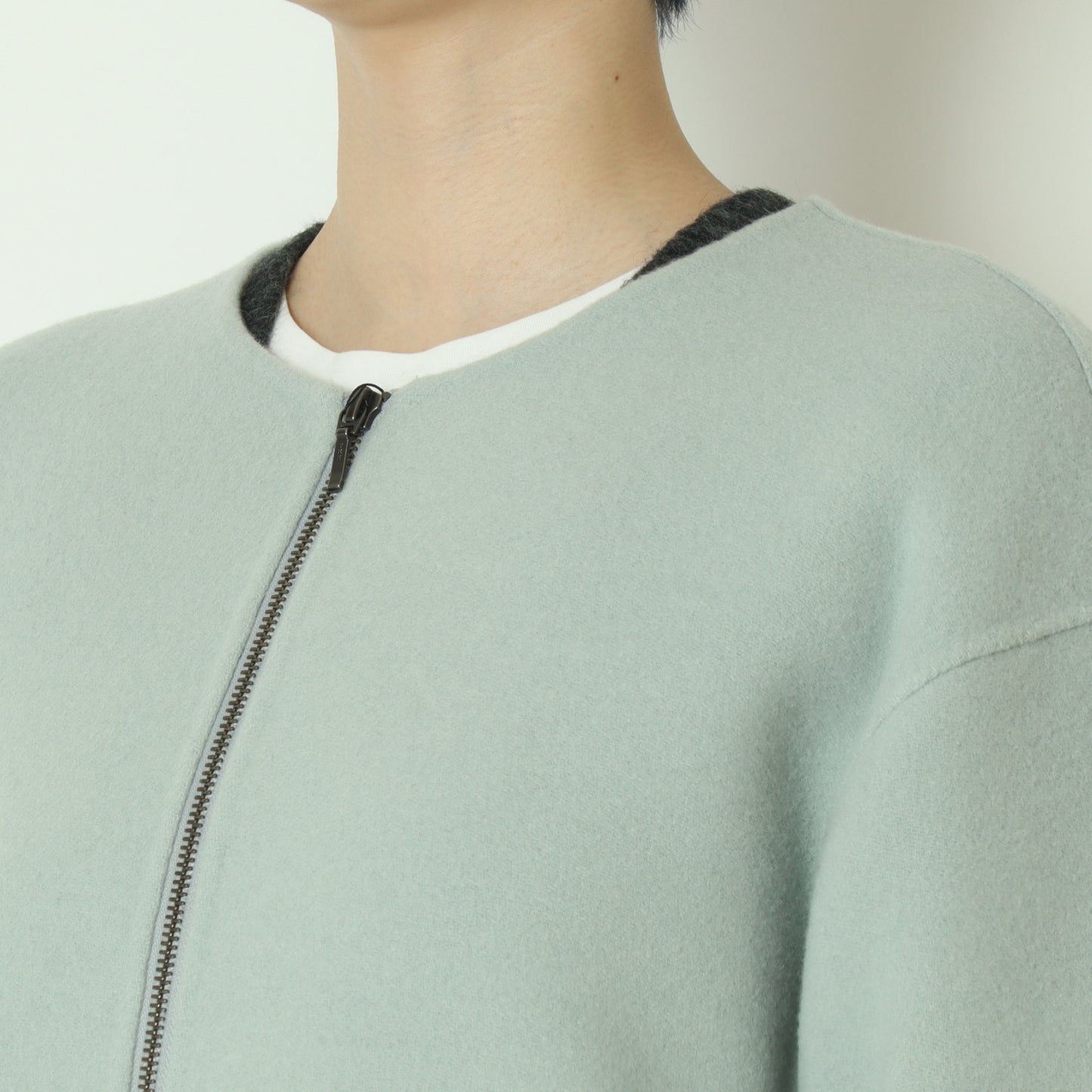 ノーカラーダブルジップロングコート  55224556