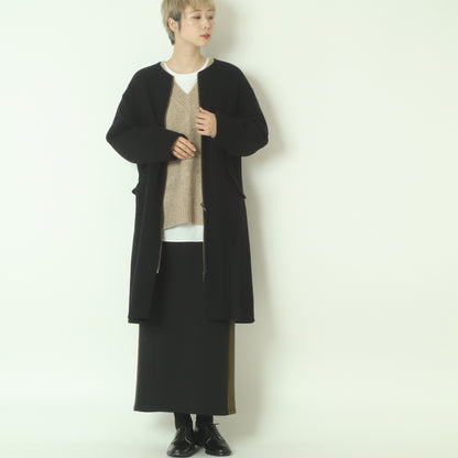 ノーカラーダブルジップロングコート  55224556