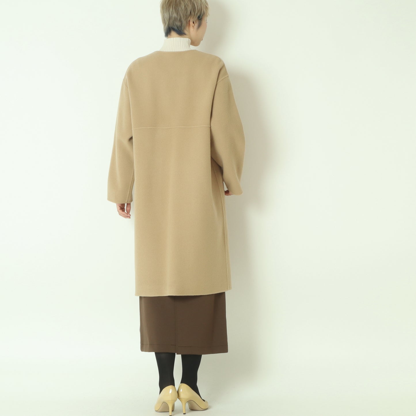 ノーカラーダブルジップロングコート  55224556