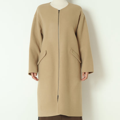 ノーカラーダブルジップロングコート  55224556