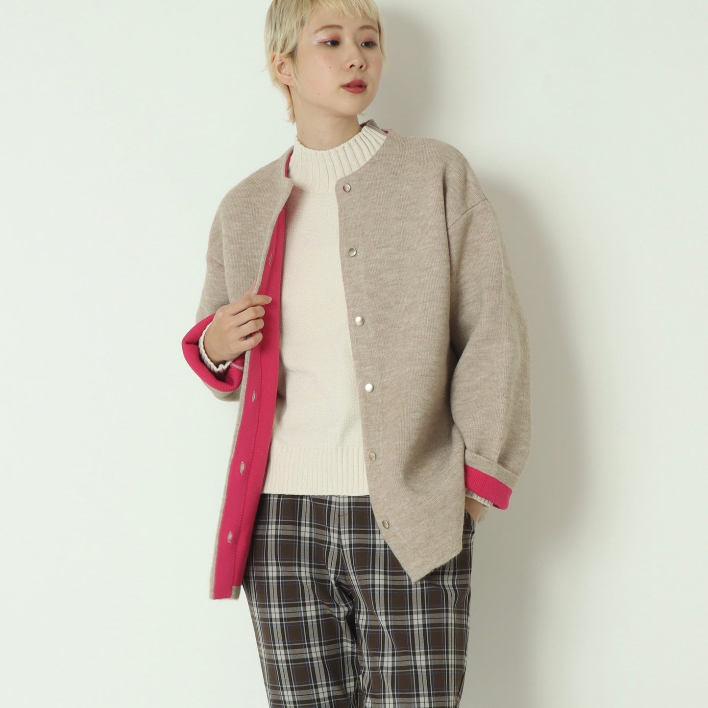 ダブルフェイス配色ニットカーディガン 733878