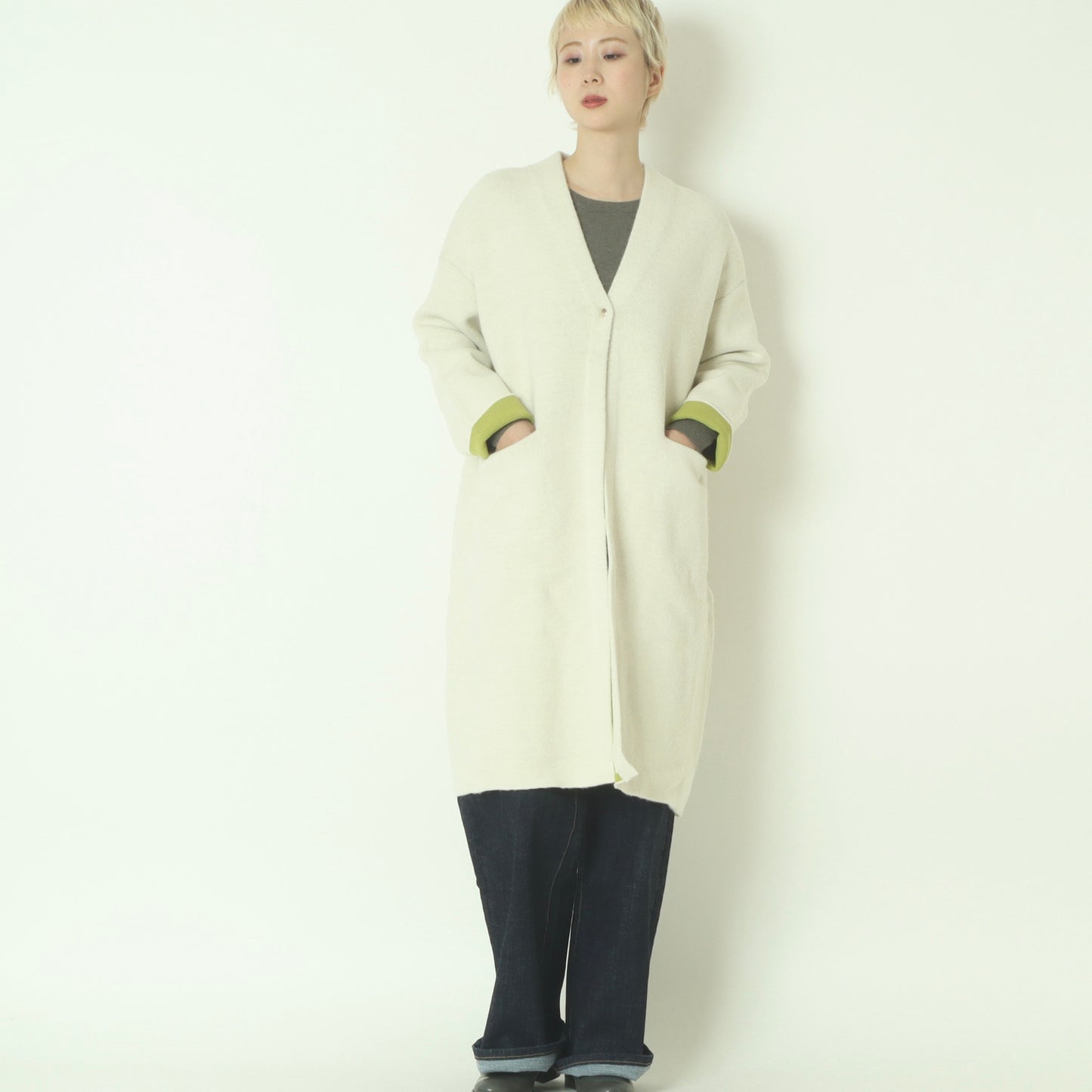 ダブルフェイス配色ニットロングカーディガン 733879