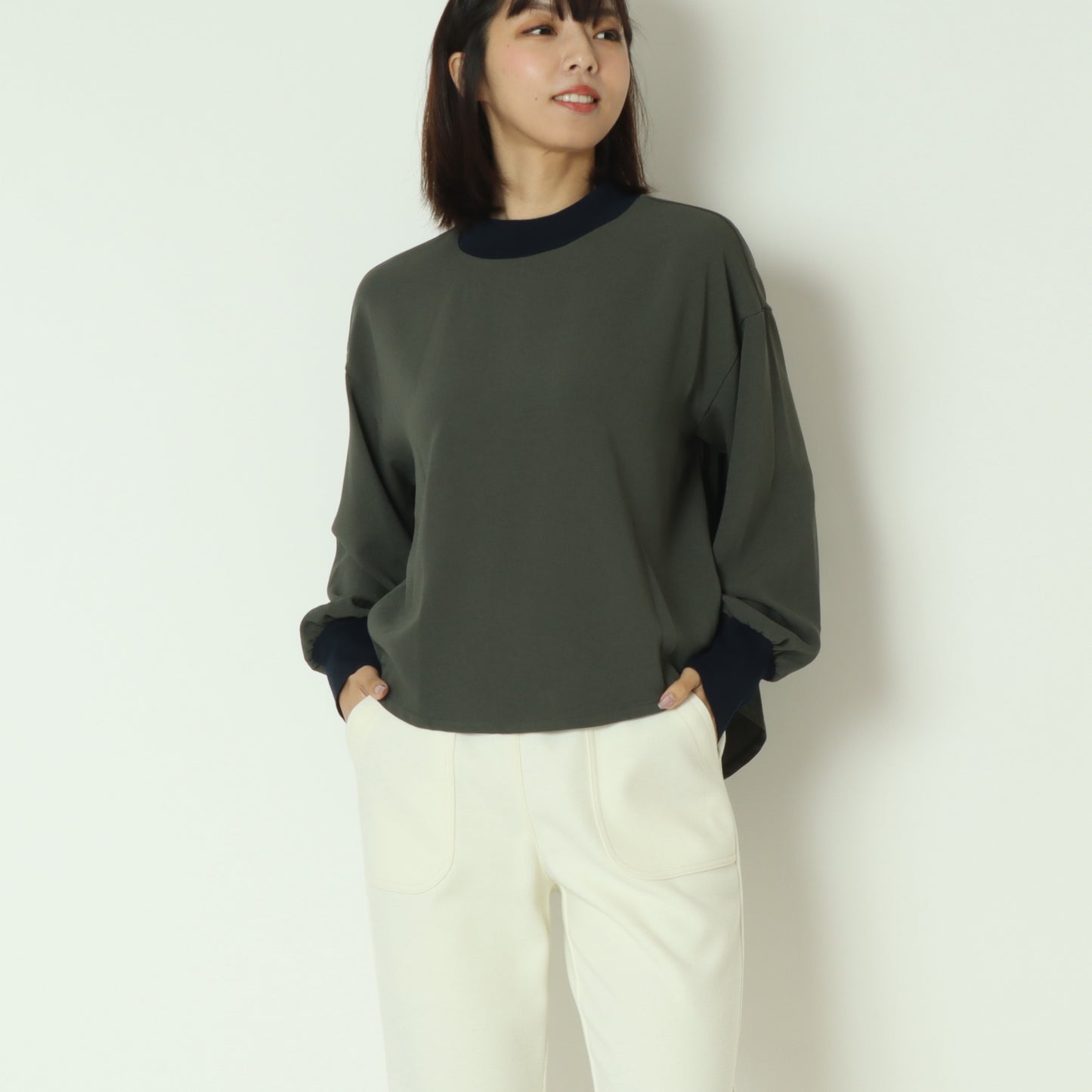 リブモックネックドロップショルダープルブラウス 541201