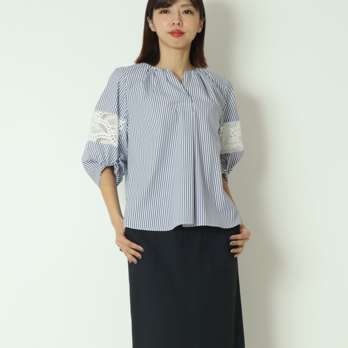 レース切替スキッパーブラウス  611414