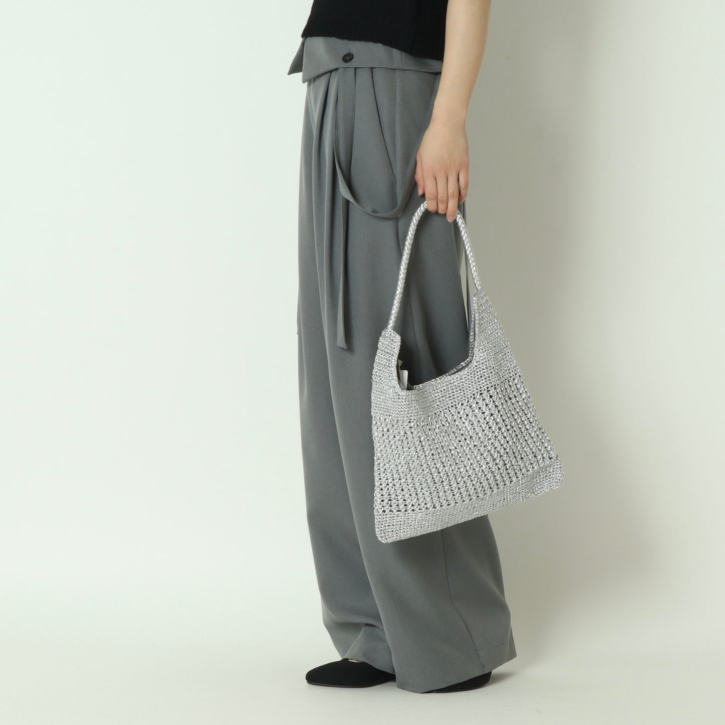 メタリックコード柄編みワンハンドルトート　100005550