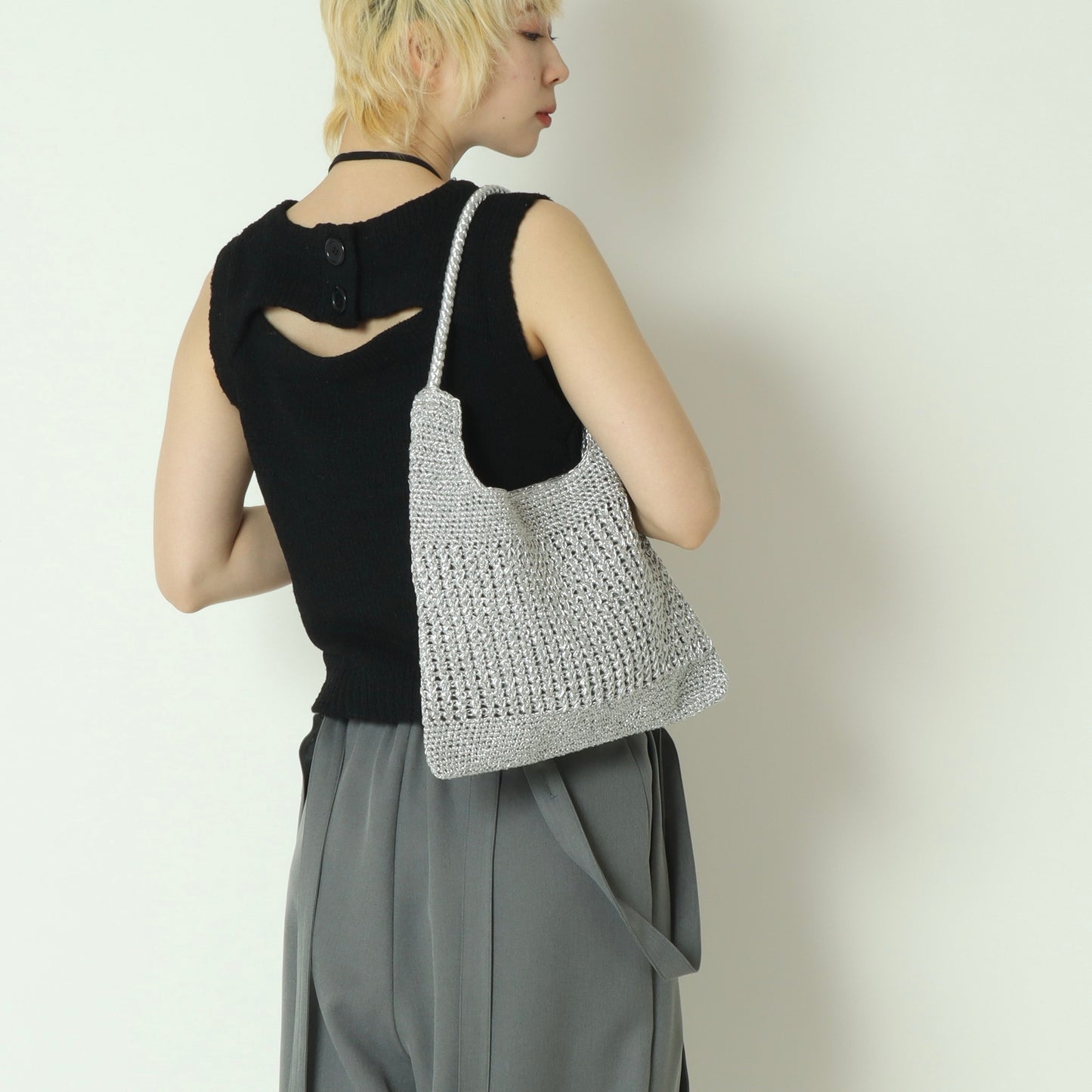 メタリックコード柄編みワンハンドルトート　100005550