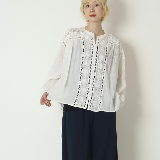 レース切替ボリュームスリーブブラウス　613923