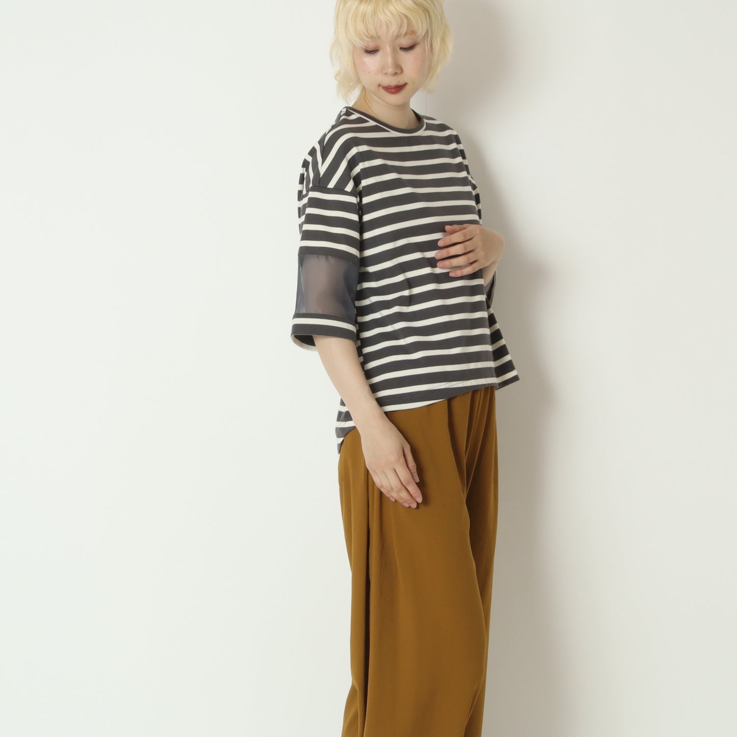 シアースリーブボーダーデザインTシャツ　H526124