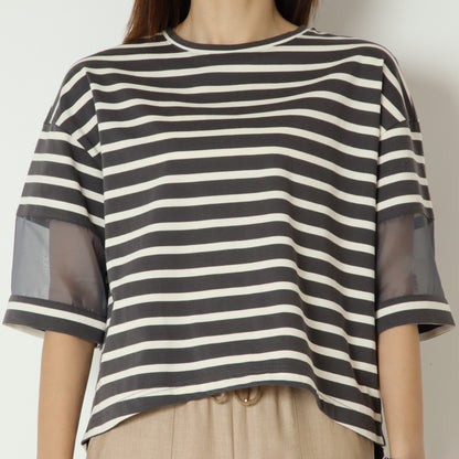シアースリーブボーダーデザインTシャツ　H526124