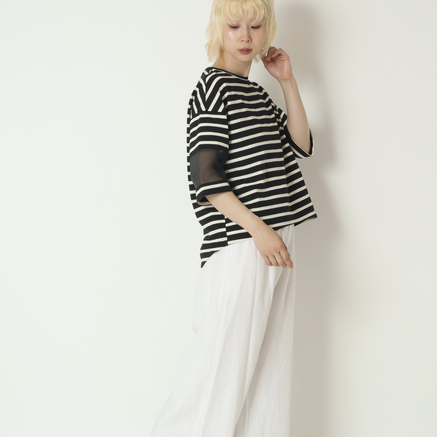 シアースリーブボーダーデザインTシャツ　H526124