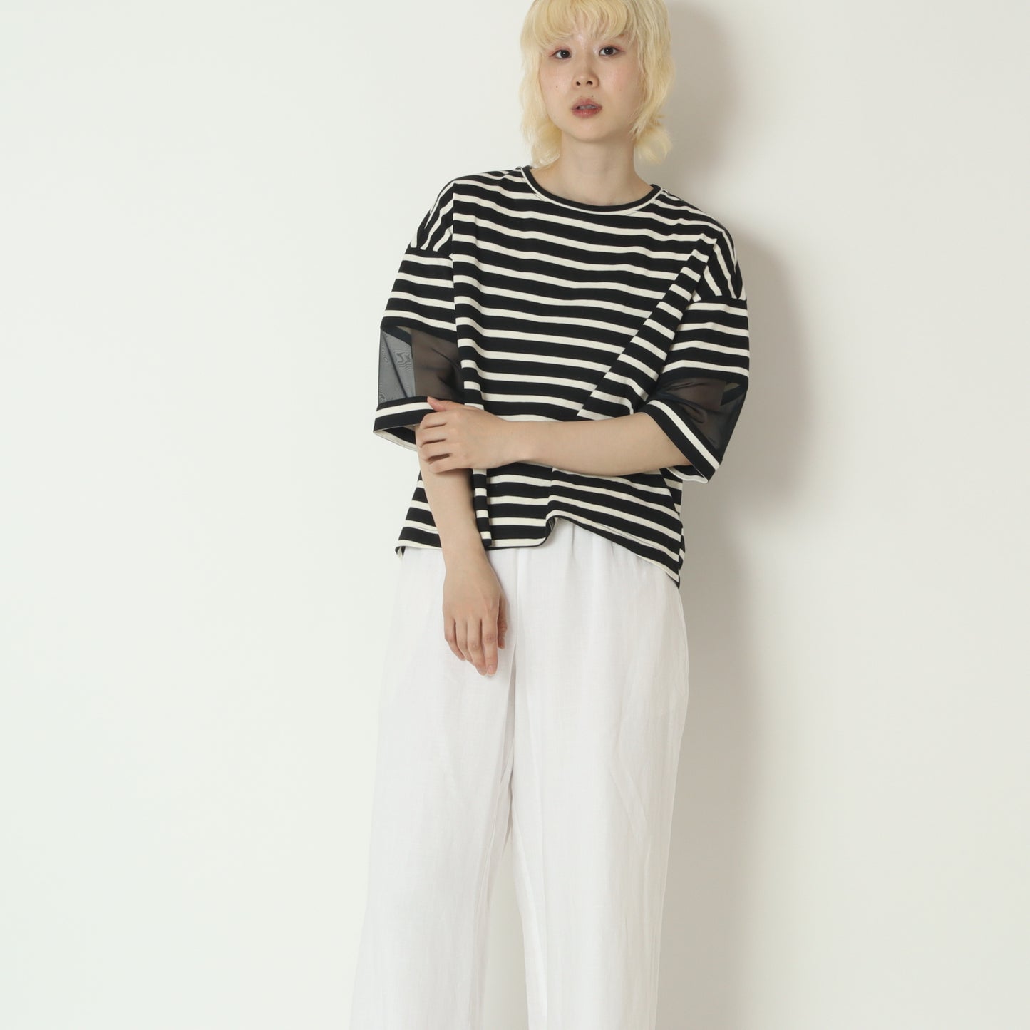シアースリーブボーダーデザインTシャツ　H526124