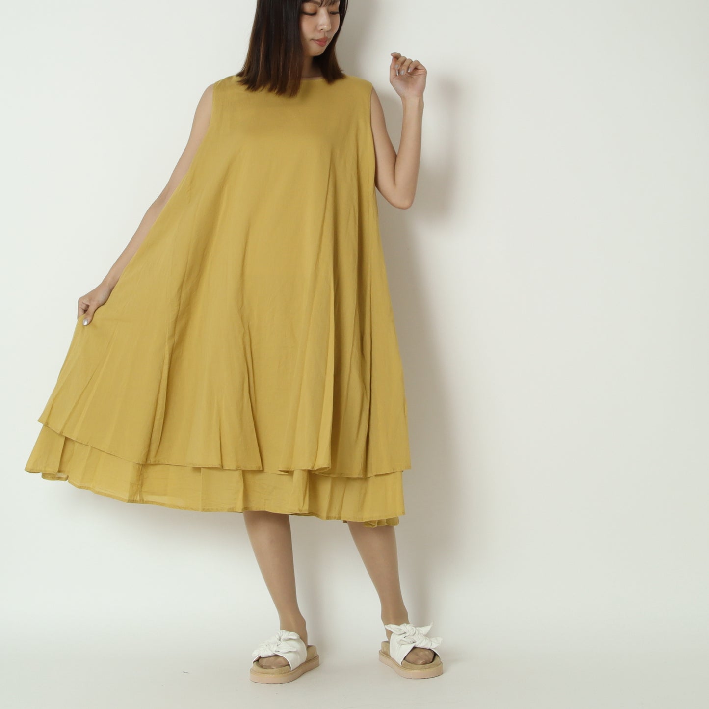 クルーネックダブルヘムロングワンピース　75708