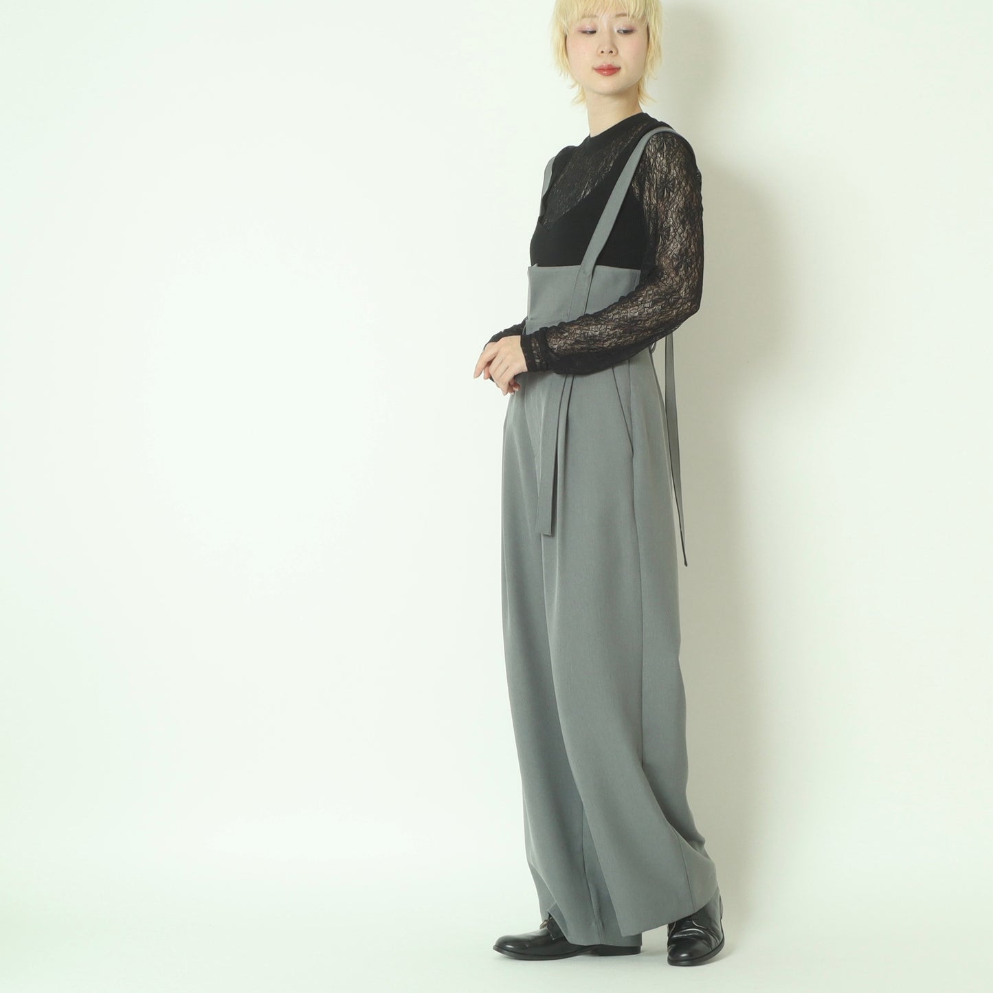 サスペンダーデザインハイウエストワイドサロペットパンツ 23810503