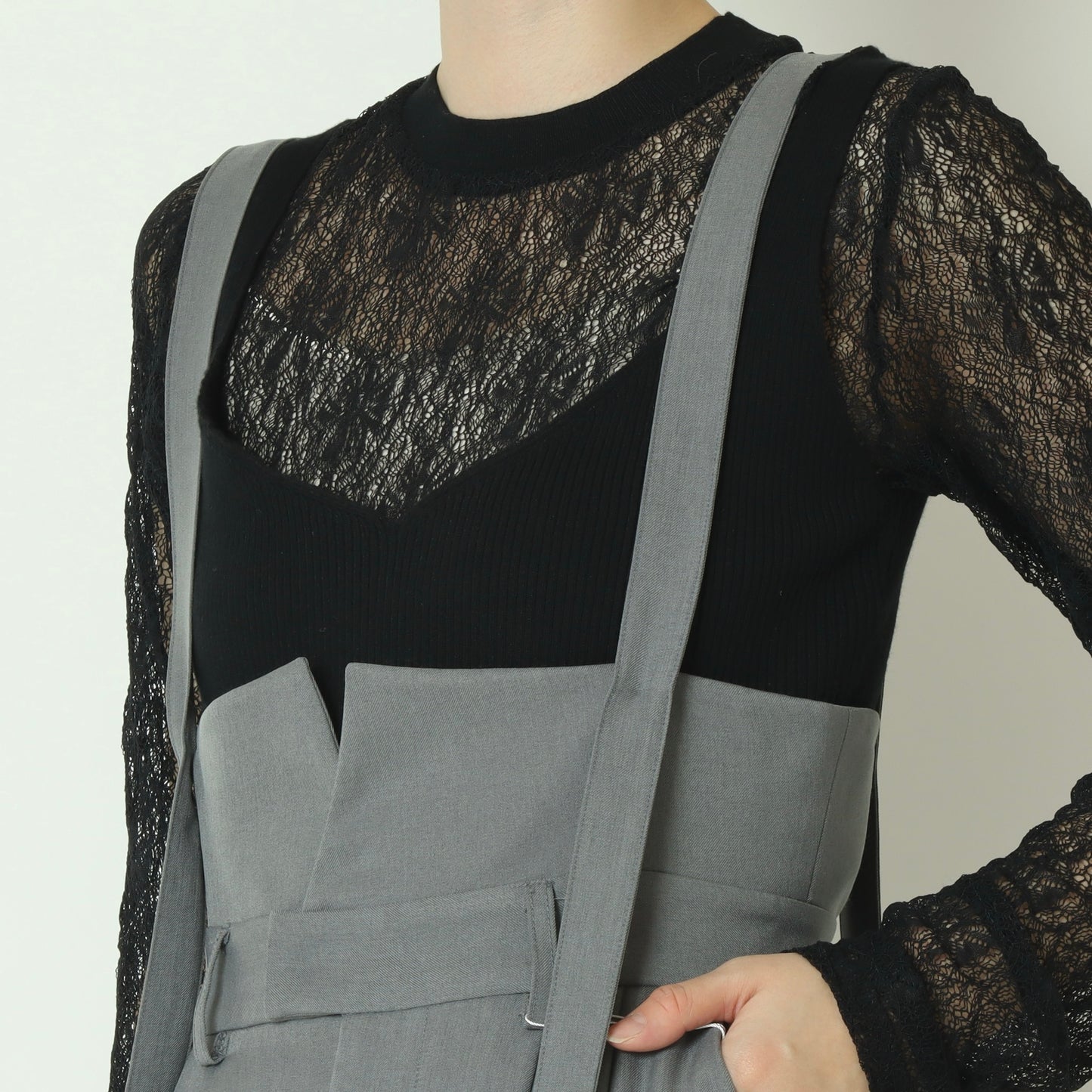 サスペンダーデザインハイウエストワイドサロペットパンツ 23810503