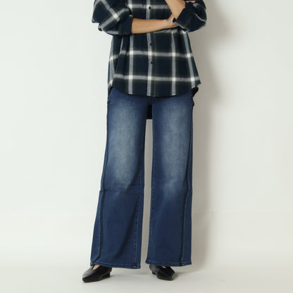 INDKNITサイドラインワイドパンツ ベーシックブルー　WK010